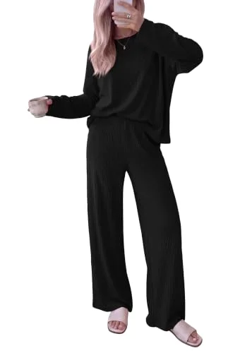 KIRUNDO Ribbed Wide Leg Lounge Set in Black