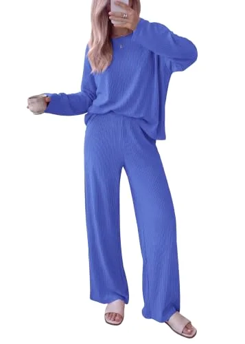 KIRUNDO Ribbed Wide Leg Lounge Set in Blue