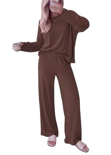 KIRUNDO Ribbed Wide Leg Lounge Set in Brown