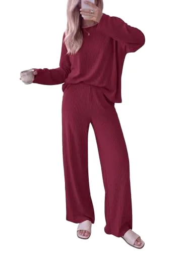 KIRUNDO Ribbed Wide Leg Lounge Set in Burgundy
