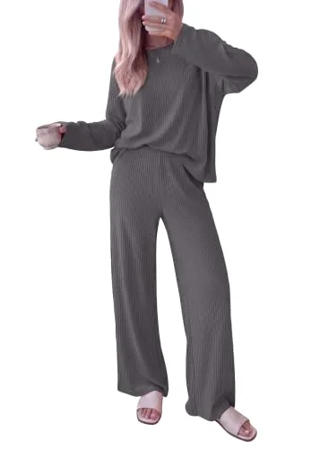 KIRUNDO Ribbed Wide Leg Lounge Set in Dark Grey