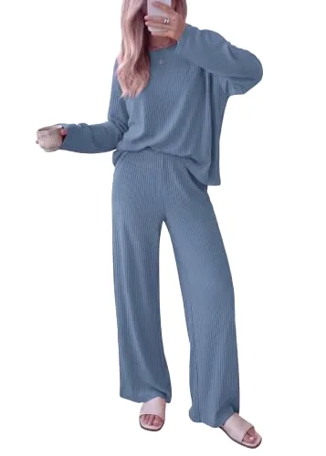 KIRUNDO Ribbed Wide Leg Lounge Set in Dusty Blue