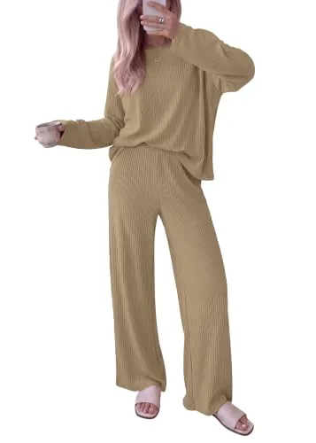 KIRUNDO Ribbed Wide Leg Lounge Set in Khaki
