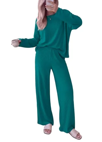 KIRUNDO Ribbed Wide Leg Lounge Set in Lake Blue