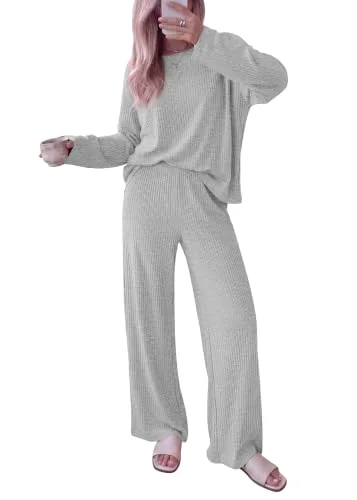 KIRUNDO Ribbed Wide Leg Lounge Set in Light Grey