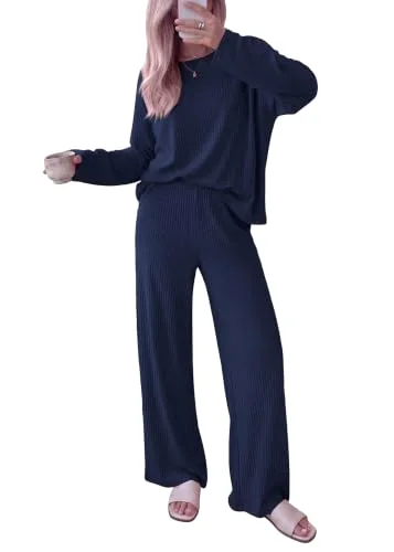 KIRUNDO Ribbed Wide Leg Lounge Set in Navy