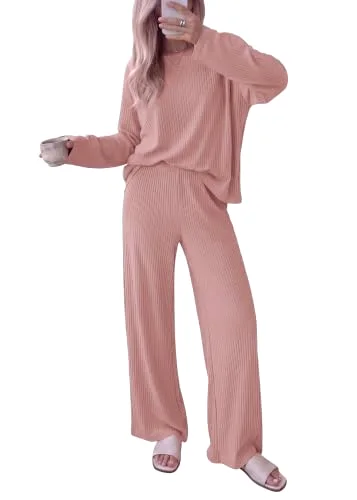 KIRUNDO Ribbed Wide Leg Lounge Set in Pink