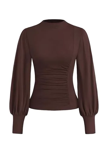 KIRUNDO Ruched Mock Neck Puff Sleeve Blouse in Brown