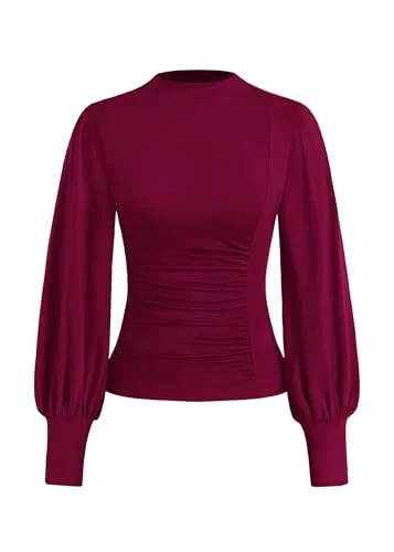KIRUNDO Ruched Mock Neck Puff Sleeve Blouse in Burgundy