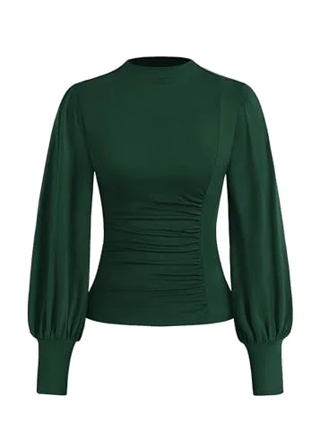 KIRUNDO Ruched Mock Neck Puff Sleeve Blouse in Dark Green
