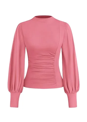 KIRUNDO Ruched Mock Neck Puff Sleeve Blouse in Pink