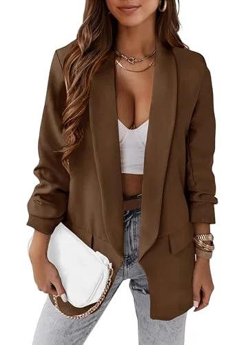 KIRUNDO Ruched Sleeve Oversized Blazer in Coffee