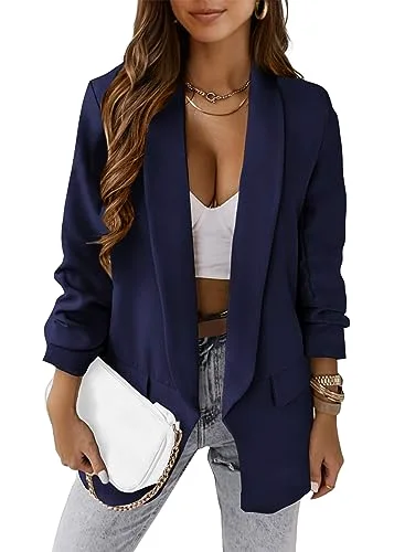 KIRUNDO Ruched Sleeve Oversized Blazer in Dark Blue