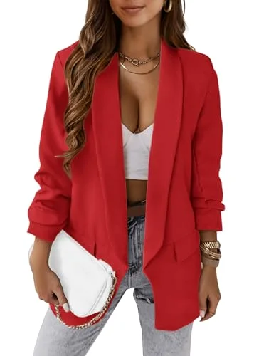 KIRUNDO Ruched Sleeve Oversized Blazer in Red