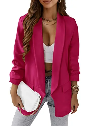 KIRUNDO Ruched Sleeve Oversized Blazer in Rose Red