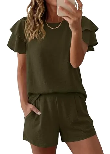 KIRUNDO Ruffle Sleeve Shorts Set in Army Green