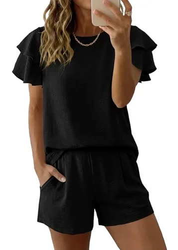 KIRUNDO Ruffle Sleeve Shorts Set in Black