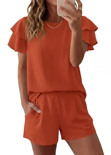 KIRUNDO Ruffle Sleeve Shorts Set in Brown Orange