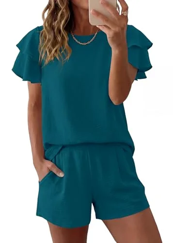 KIRUNDO Ruffle Sleeve Shorts Set in Dark Blue