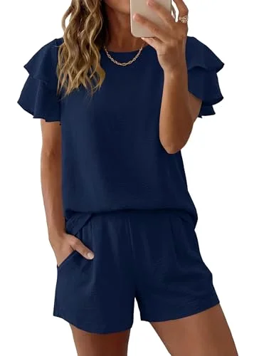 KIRUNDO Ruffle Sleeve Shorts Set in Navy