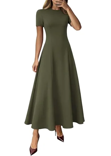 KIRUNDO Short Sleeve A-Line Maxi Dress in Army Green