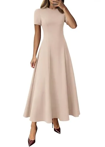 KIRUNDO Short Sleeve A-Line Maxi Dress in Beige