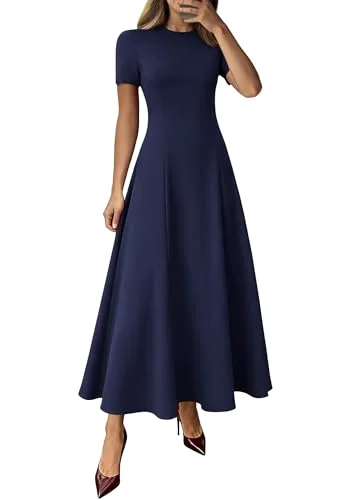KIRUNDO Short Sleeve A-Line Maxi Dress in Navy Blue