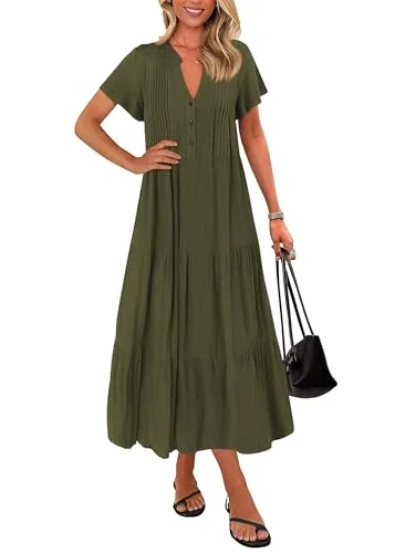 KIRUNDO Short Sleeve Pocket Maxi Dress in Army Green