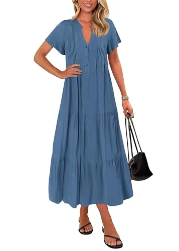 KIRUNDO Short Sleeve Pocket Maxi Dress in Blue