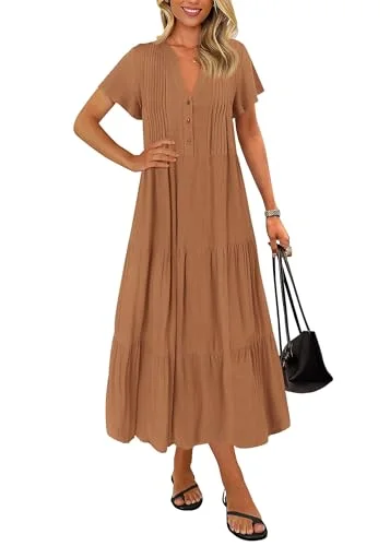 KIRUNDO Short Sleeve Pocket Maxi Dress in Brown