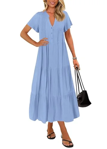 KIRUNDO Short Sleeve Pocket Maxi Dress in Light Blue