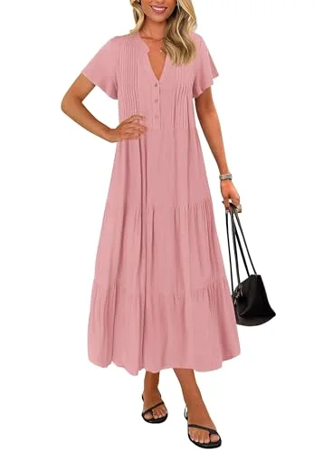 KIRUNDO Short Sleeve Pocket Maxi Dress in Pink