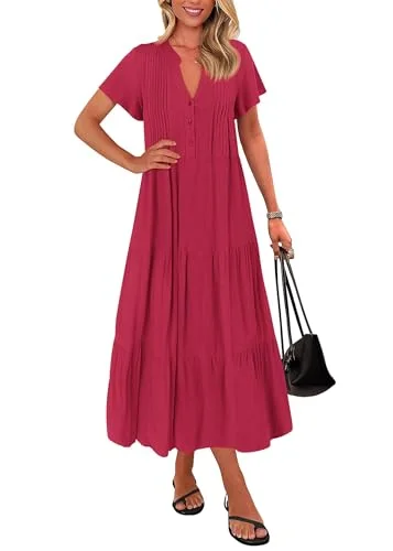 KIRUNDO Short Sleeve Pocket Maxi Dress in Red