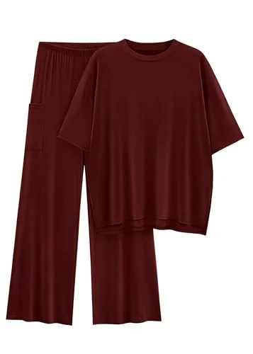 KIRUNDO Short Sleeve Wide Leg Lounge Set in Burgundy