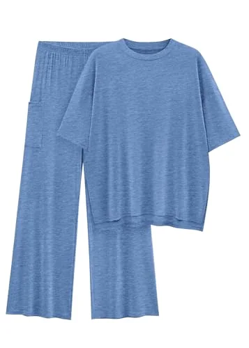 KIRUNDO Short Sleeve Wide Leg Lounge Set in Dusty Blue