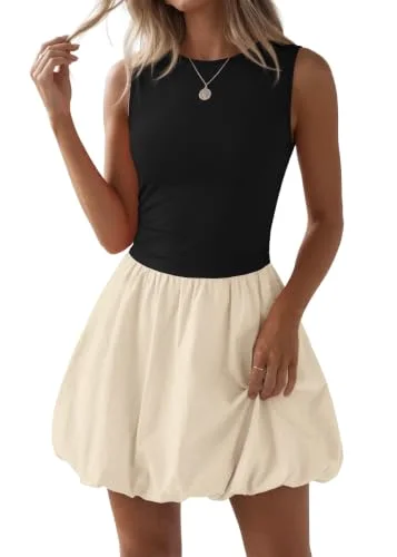KIRUNDO Sleeveless Bubble Hem Mini Dress in Black Beige