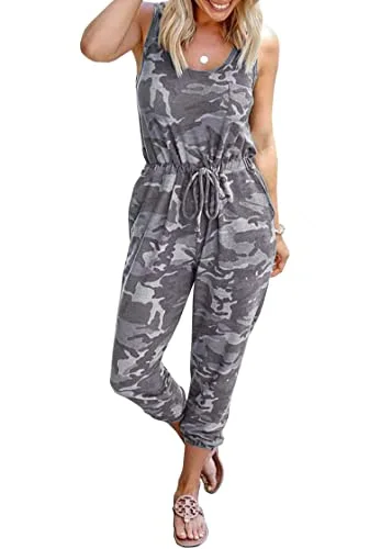 KIRUNDO Sleeveless Drawstring Jogger Jumpsuit in Camouflage Grey