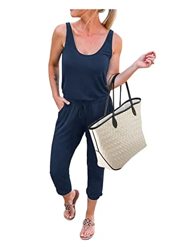 KIRUNDO Sleeveless Drawstring Jogger Jumpsuit in Dark Blue