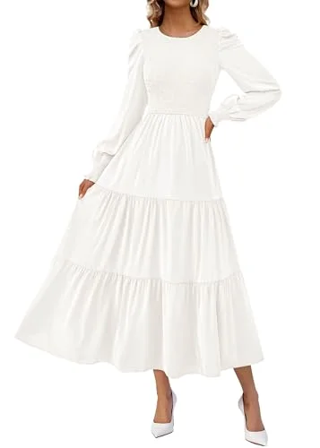 KIRUNDO Smocked A-Line Crewneck Maxi Dress in Beige White
