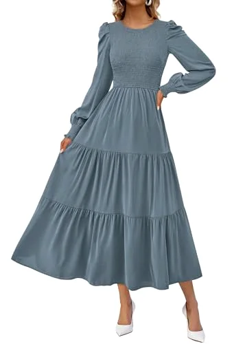 KIRUNDO Smocked A-Line Crewneck Maxi Dress in Grey Blue
