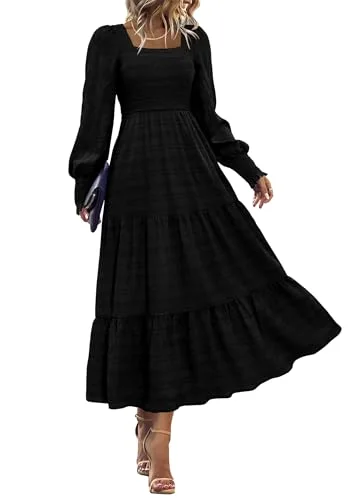 KIRUNDO Smocked Long Sleeve High-Waist Maxi Dress in Black