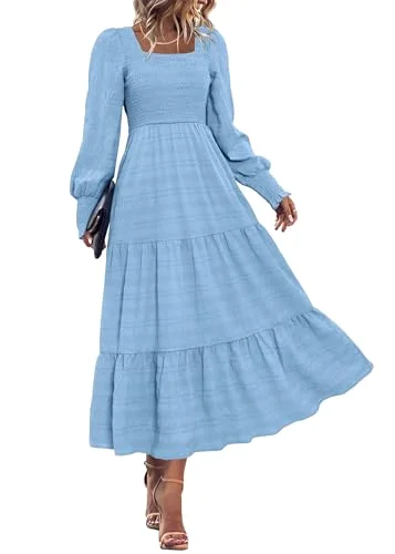 KIRUNDO Smocked Long Sleeve High-Waist Maxi Dress in Light Blue