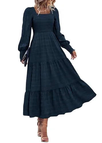 KIRUNDO Smocked Long Sleeve High-Waist Maxi Dress in Navy