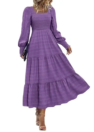 KIRUNDO Smocked Long Sleeve High-Waist Maxi Dress in Purple
