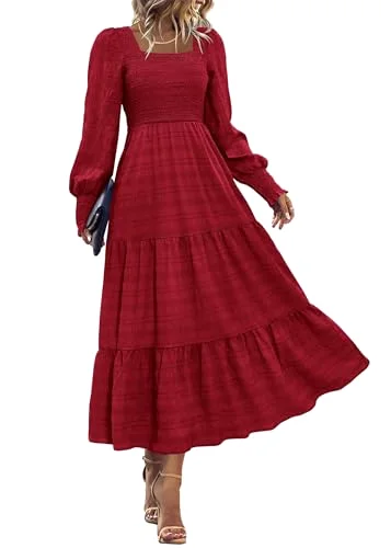 KIRUNDO Smocked Long Sleeve High-Waist Maxi Dress in Wine Red