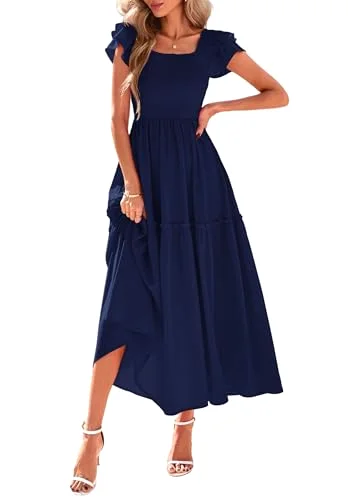KIRUNDO Smocked Midi Dress in Navy Blue
