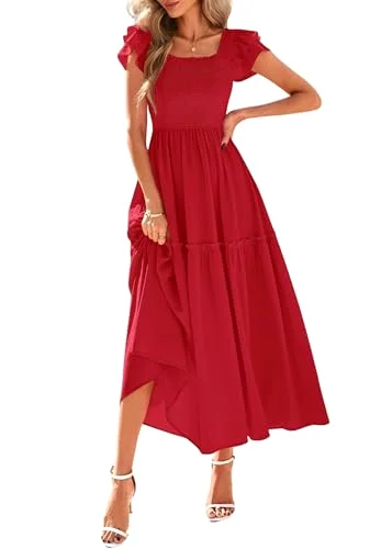 KIRUNDO Smocked Midi Dress in Red