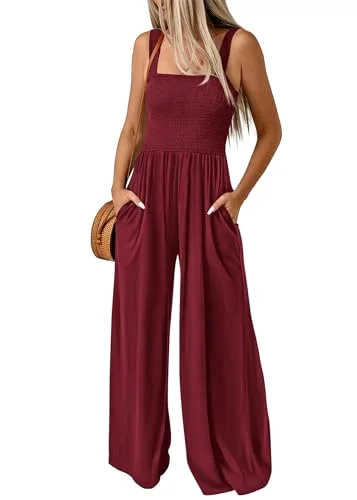 KIRUNDO Smocked Wide Leg Jumpsuit in Deep Red