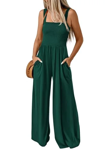 KIRUNDO Smocked Wide Leg Jumpsuit in Green