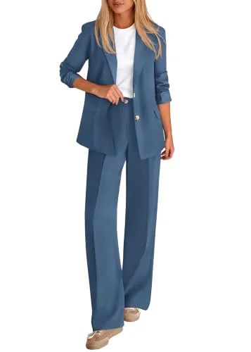 KIRUNDO Straight Leg Pant Suit Set in Dusty Blue